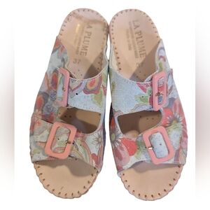 La Plume Pastel Floral Leather Wedge Sandals Buckle‎ Strap Size 37 Italy